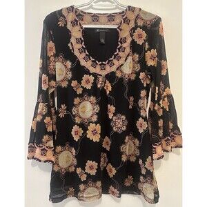INC International Concepts Boho Floral Mesh Top Bell Sleeve Sheer Black L
